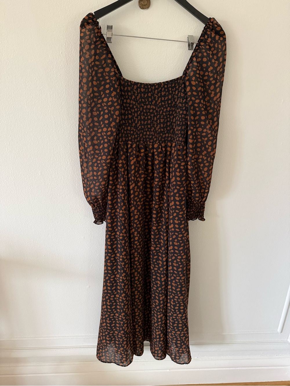 Smocked Square-Neck Midi Dress in Brown Polka Dots